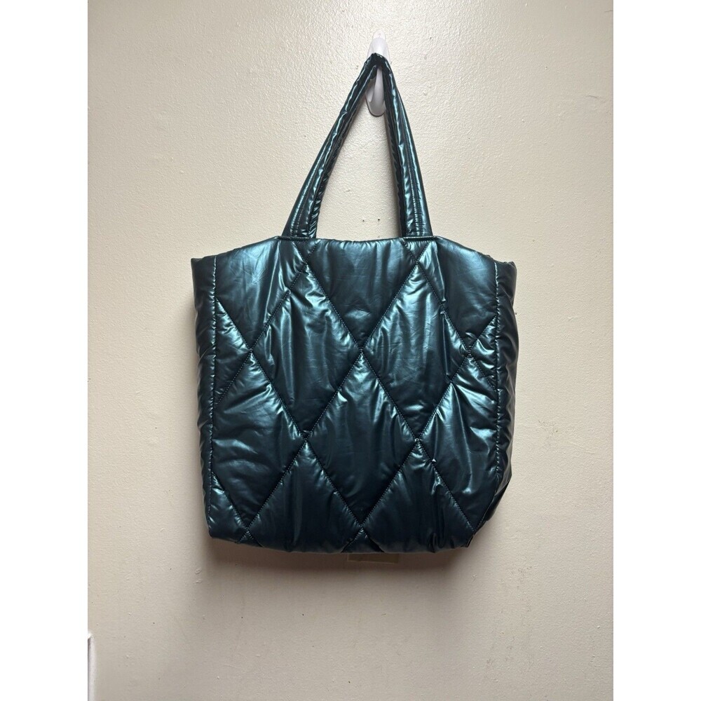Victoria's Secret Large Tote Bag 14x15" Puffer Quilted Metallic TEAL GREEN EUC - Picture 3 of 6